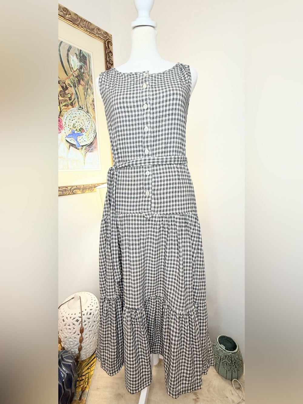 Max Studio Gingham Tiered Midi Dress XS Gray White Sleeveless Belted Cottagecore - Picture 2 of 10